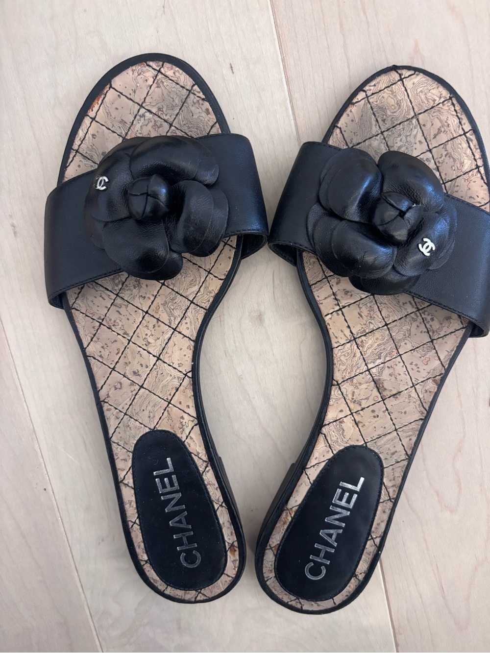 CHANEL Black Leather Camellia Slide Sandals